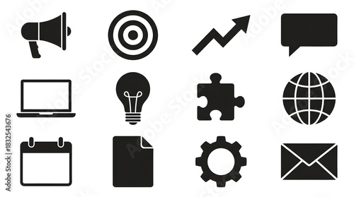 A collection of black and white business and marketing icons arranged on a white background neatly