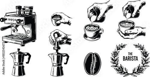 Vintage monochrome vector art of barista hands pouring latte art with espresso machine moka pot coffee bean and laurel wreath emblem for cafe branding