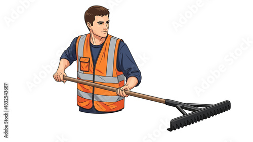 Groundskeeper Raking Leaves Outdoor Maintenance Illustration