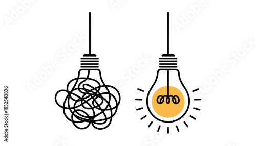 Two light bulbs one tangled the other illuminated with yellow idea messy