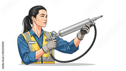 Skilled female technician meticulously applying sealant with a specialized industrial tool, demonstrating precision and expertise in professional maintenance work