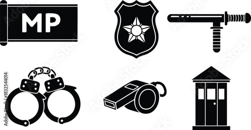 Flat design black military police icons with mp armband badge handcuffs baton whistle and sentry box arranged in simple grid layout on white background