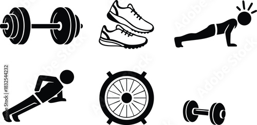 Flat icon set of dumbbells sneakers push up athlete and exercise wheel arranged in two rows in simple black silhouette fitness vector art