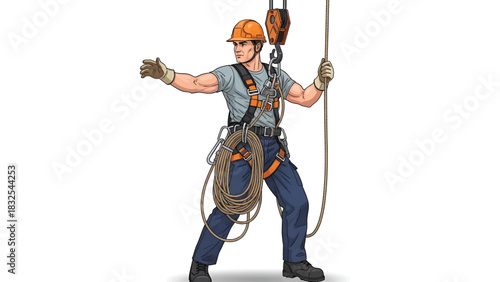 Illustration of a construction worker in a hard hat and safety harness operating a rope and pulley system for lifting