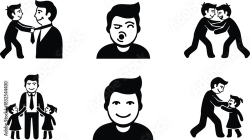 Flat icon set of aggressive and caring father with children showing domestic violence conflict and happy parenting in simple black silhouette style