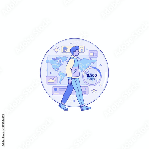 Man Walking with Global Digital Tracking Interface
