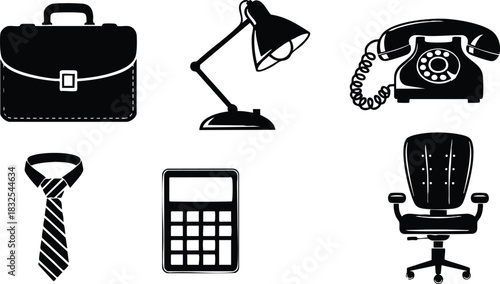 Flat design black office icons set with briefcase desk lamp rotary phone tie calculator and swivel chair arranged in two rows on clean white background