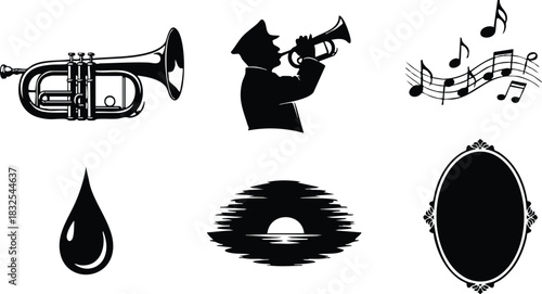 Monochrome vector art set with trumpet player silhouette musical notes sunset scene water drop and vintage oval frame icons in flat black style