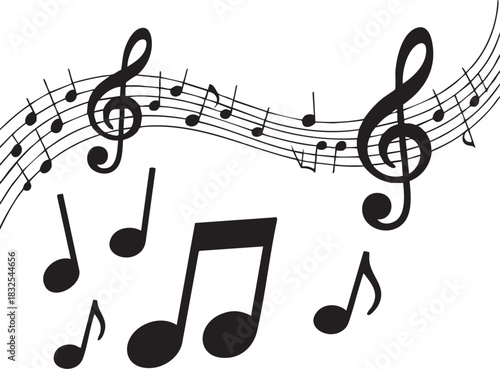 A collection of black musical notes and a treble clef on a staff, presented in a hand-drawn, sketchy style.