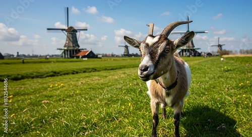 A Goat Stands in a Field with Dutch Windmills in the Background.
