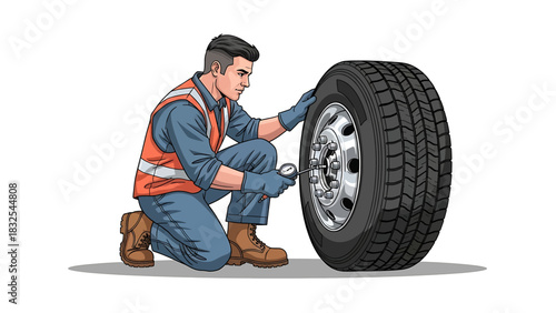 Mechanic Checking Tire Pressure Automotive Maintenance Illustration