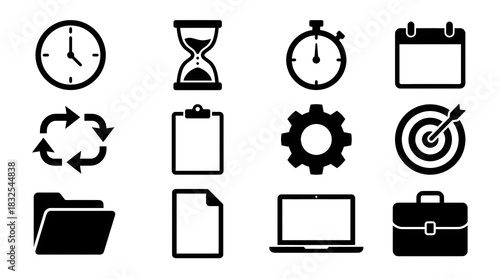 A collection of twelve black vector icons representing time management and business productivity tools