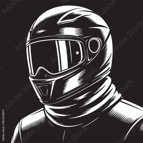 A striking, high-contrast black and white illustration depicts a motorcycle helmet with a reflective visor and a rider's neck protection against a dark background.