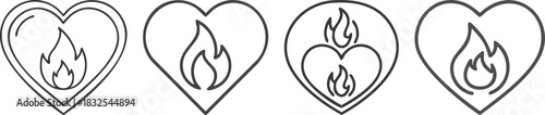 Passion thin line icon depicting heart with flame in bold minimal style symbolizing motivation energy enthusiasm