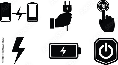 Minimalist vector icons of battery charging plug in hand and finger pressing power on button in black silhouette style on white background