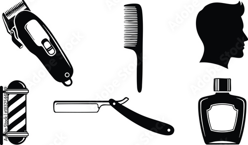 Flat vector art set of black barber tools with electric clipper comb razor aftershave bottle barber pole and male head silhouette on clean white background