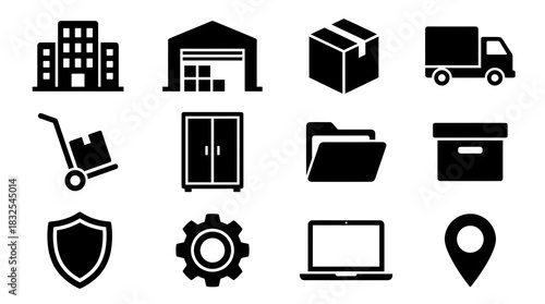 A collection of twelve black and white icons representing business and logistical elements displayed