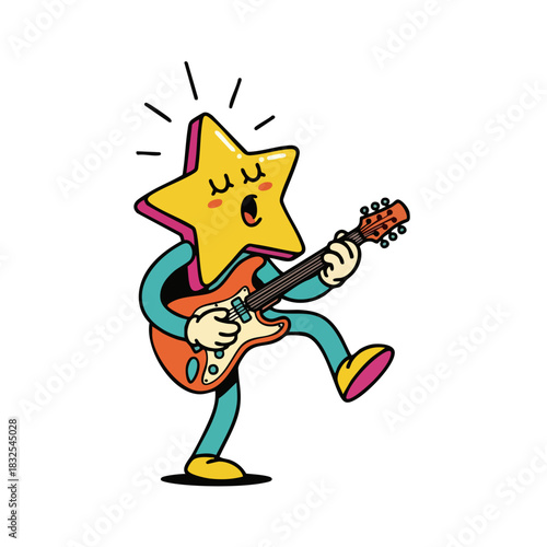 Cartoon Star Character Playing Electric Guitar with Energy and Style.