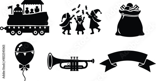Flat design christmas parade train silhouettes with children throwing candy bag of gifts balloon trumpet and ribbon banner in playful black festive vector set