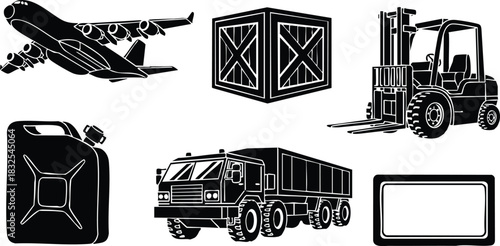 Monochrome vector art set of cargo airplane fuel canister crate forklift truck trailer and blank label icon for logistics and transport industry