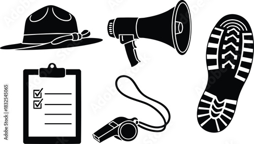 Flat design black scout gear icons with ranger hat checklist clipboard whistle boot print and megaphone arranged in loose group on white background minimalist outdoor theme