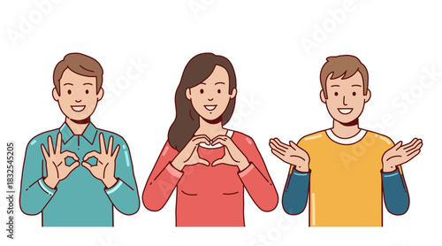 A group of people share happiness and support each other with positive emotions using gestures such as thumbs up, support, and hearts. Flat color vector illustration on a white background.