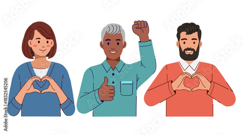 A group of people share happiness and support each other with positive emotions using gestures such as thumbs up, support, and hearts. Flat color vector illustration on a white background.