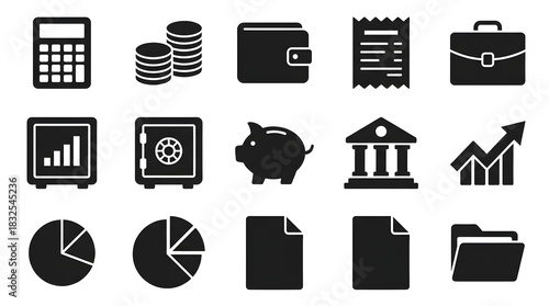 Collection of financial icons including calculator coins wallet receipt and briefcase in black