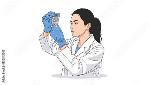 A diligent female scientist, clad in a protective lab coat and gloves, intently scrutinizes a crucial sample, embodying the spirit of meticulous scientific investigation and discovery