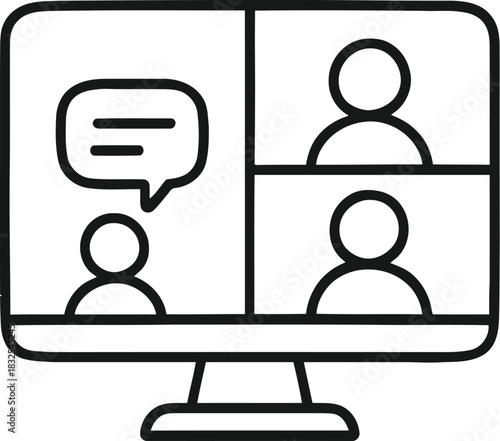Online meeting on computer screen with multiple participants outline icon