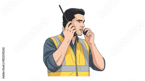 A man in a high-visibility vest speaking into two handheld radios on a white background