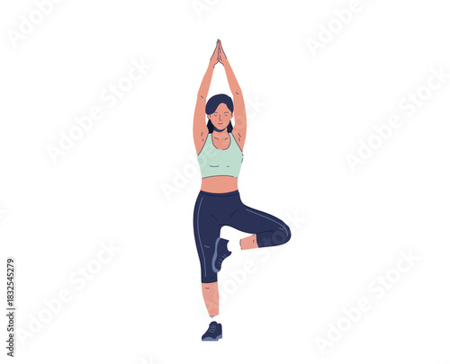 Woman stretching. Fitness workout, yoga and pilates pose. Morning training and activity. Healthy girl doing physical exercise, warming up. Flat vector illustration isolated on white background