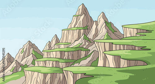 Majestic mountain range with tiered plateaus and lush green vegetation under a clear sky.