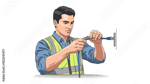 Technician Connects Blue Network Cable to Wall Socket