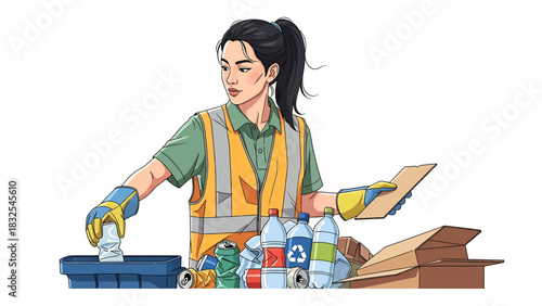 A dedicated woman in a safety vest efficiently sorts plastic, metal, and cardboard, promoting responsible recycling and environmental sustainability for a cleaner future