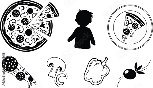 Flat design black pizza icons with whole pie missing slice child silhouette plate slice dripping cheese toppings mushroom pepper olive simple cartoon style