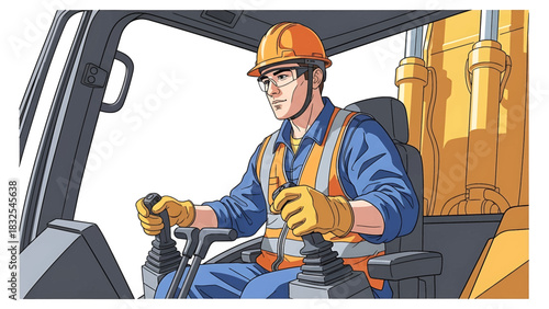Operator Safely Operating Construction Vehicle in Protective Gear