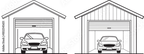 Two garages with cars inside silhouette
