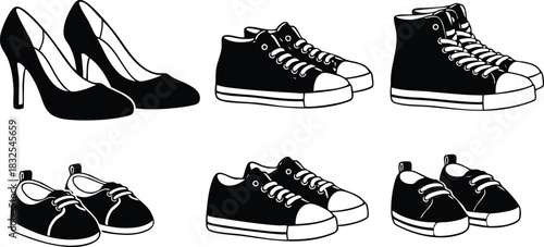 Monochrome vector art set of family shoes with black high heels sneakers and baby booties arranged in two rows on white background minimal flat silhouette style