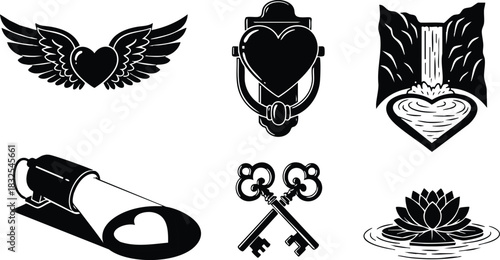Monochrome vector art set of six heart symbols with wings lock waterfall flashlight keys and lotus arranged in grid layout for romantic tattoo design mood