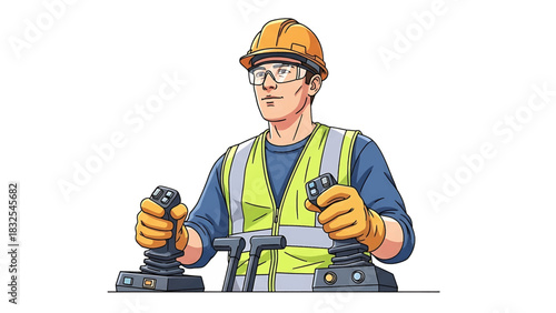 Skilled construction worker safely operating heavy machinery using dual joysticks, highlighting expertise and control in industrial or building site operations