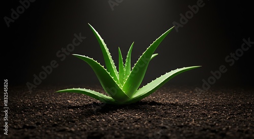 Aloe Vera Plant Growing in Soil on a Dark Background.