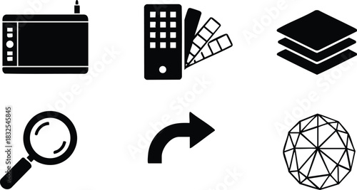 Flat design vector art icons of drawing tablet color palette stack layers magnifier curved arrow and wireframe sphere in simple black silhouette style