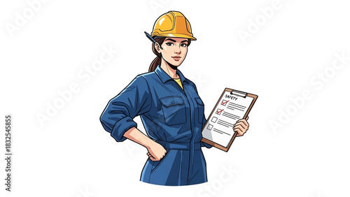 Confident female construction professional in a hard hat and blue overalls, holding a clipboard with a checklist, symbolizing diligent site inspection, safety, and project management
