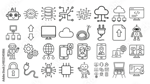 Doodle style technology icons representing artificial intelligence and computing