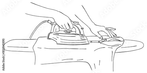 アイロンでシャツをかける手（アイロンがけ・家事）,身支度,しわ伸ばし,ワイシャツ,アイロン台,シンプル,ベクター,線画