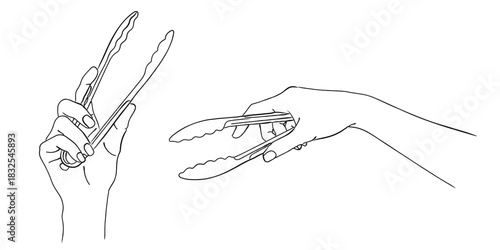 トングを持つ手のイラストセット（調理器具・掴む）,菜箸,盛り付け,キッチン,バーベキュー,シンプル,ベクター,線画