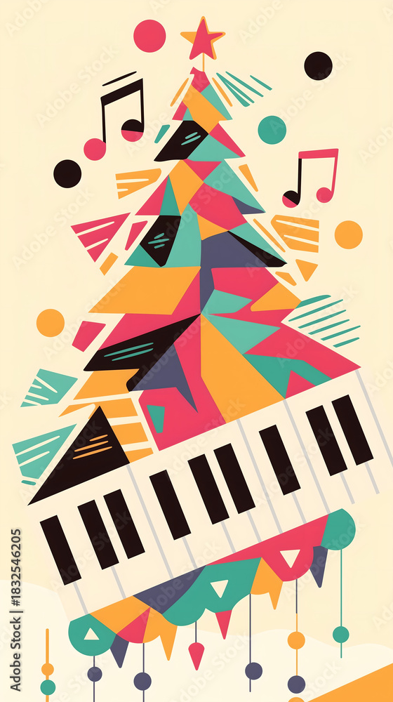 Obraz premium Music Festival Concert Party Illustration Background, Christmas Tree, Piano Keyboard, and Notes