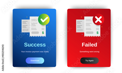 Success and Error invoice payment pop up banner UI design template. editable vector
