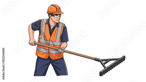 An isolated illustration of a construction worker in full safety gear using a large rake for manual labor and ground preparation
